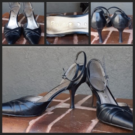 Vintage Heels, Black, leather/ synthetic, by 'Pinet', Ankle strap pointy toe, size 7