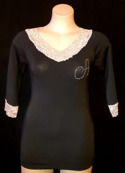 Lace trimmed cotton 3/4 sleeve top, black/pink size S