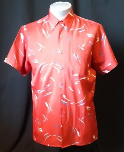 Silky Polyetser Red print short sleeve shirt by 'Boydex', 1980's, size L