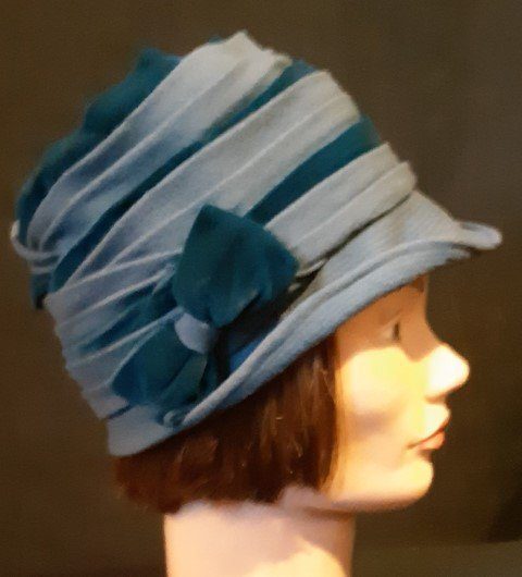 1930's Original Vintage Cloche hat, rayon with velvet trim, Blue, size 56cm
