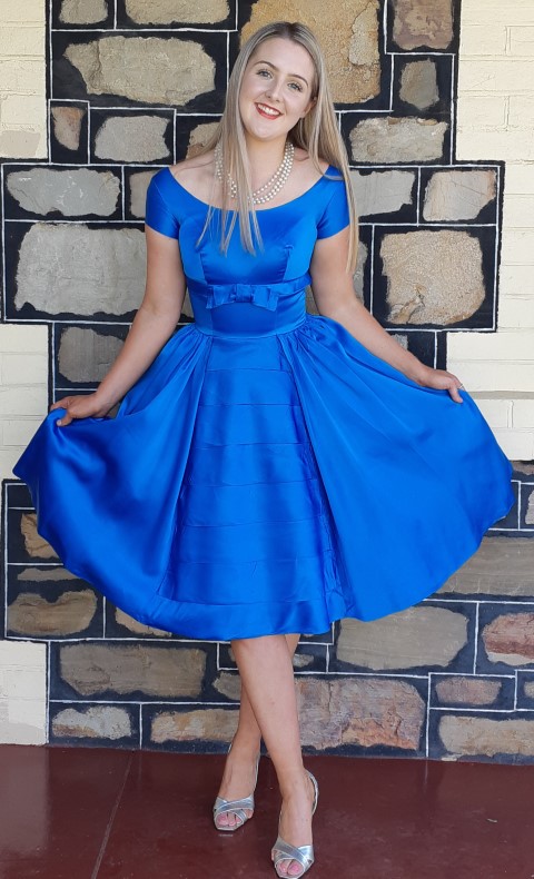 1950's Satin Cocktail frock, electric blue, handmade, size 10