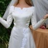 Vintage 1950's, Wedding Gown with train and veil, Satin, champagne colour, size 6 - Image 3