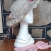 Straw hat with lace and flowers, plastic pearl beads & pink vintage gloves. - Image 2