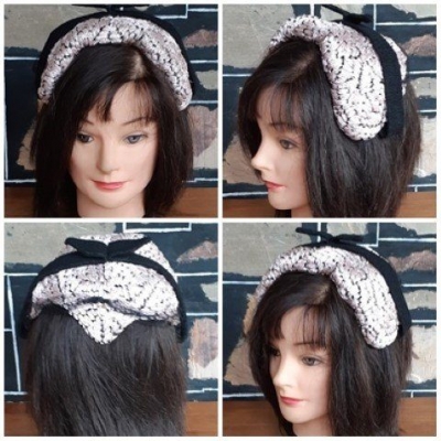 1940's Crescent Hat, Lavender/black, Raffia, nylon/lace.
