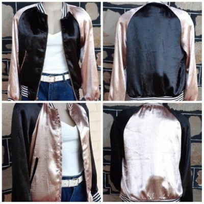 Bomber Jacket, Rock-a-billy, pink/black, satin polyester, reversible, size 10-12