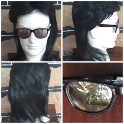 Mullet wig, black, synthetic, ex-display, with New Mirrored Sunglasses by 'R.B Space'