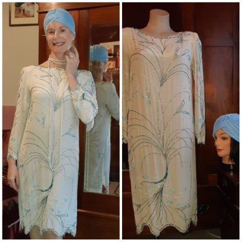 1920's Inspired 1980's Gatsby Dress, Cream beaded, Raw silk, by 'Argenti', size S-M