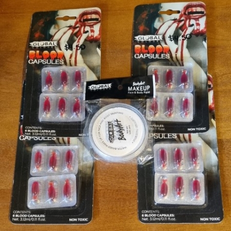 Fake Blood Capsules, 4, White Face & Body Paint by 'Global Colours', nontoxic.