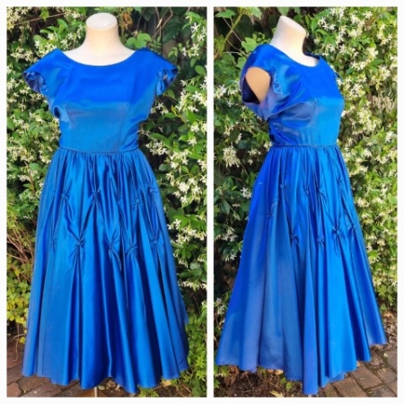1950's Cocktail frock, electric blue, satin, by 'Kiva Creations', size 10