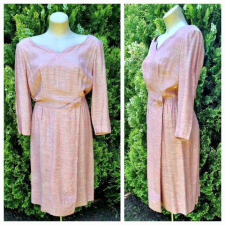 1940's Day Dress, Damask/rayon, dusty pink, 3/4 sleeve, handmade, size 10-12