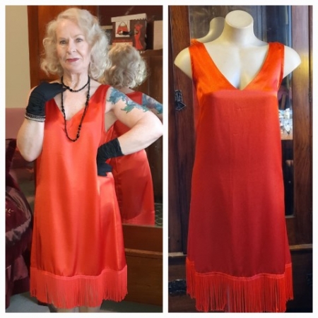 Flapper Dress, Satin Polyester, Tomato Red, Handmade, size M