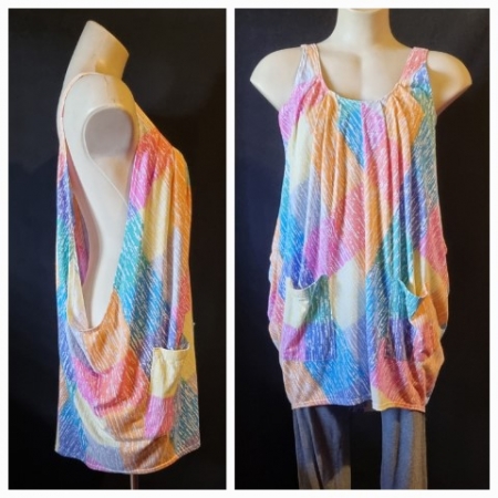 1980's, Over size singlet top, poly/cotton, multi-coloured and 3/4 grey leggings by 'Cotton on', size M