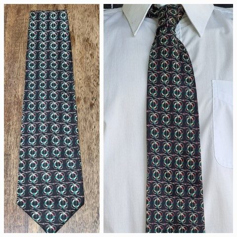 1970's Tie, Black/yellow/red/green/cream print, polyester