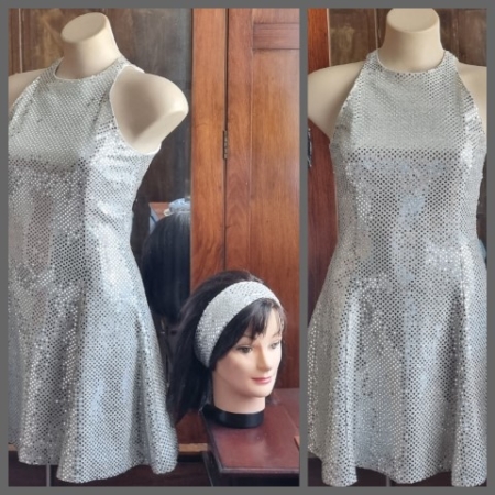 1970's Disco Dress, Silver Sequined, Polyester, with Headband, size 10