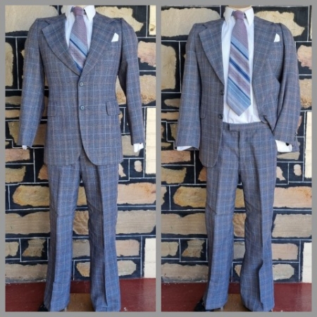1970's, Blue Checked Suit, flared pants, wool/poly, by 'John Collier, Yugoslavia', size S