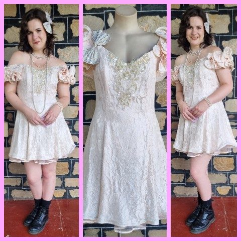 1980's Prom Dress, pale pink, Damask/acetate, USA, by 'Betsy & Adam, size 12