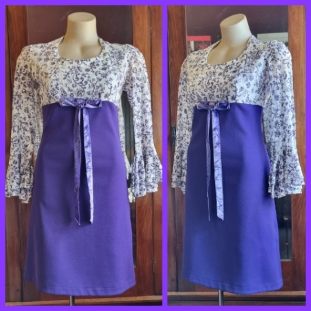 1960's Bell sleeved Dress, Lacy & polyester, purple/white, by 'Habe Garments of Sydney' size 10