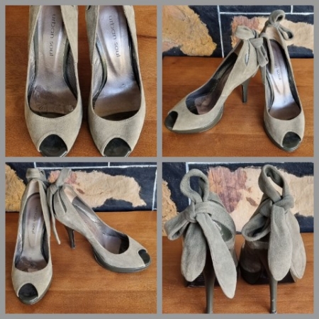 High Heels, Peep Toe, Sage, Suede/Patent leather, by 'Urban Sole', size 6.5