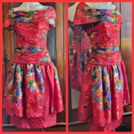 1980's Party dress, Red floral print, chiffon/satin/tulle, by 'Geoff Bade of Melbourne', size 6