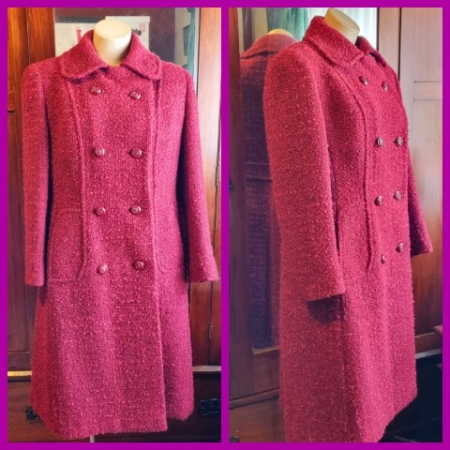 1960's, Double Breasted Coat, Fuchsia, Wool, by 'Eastex of England', size 14