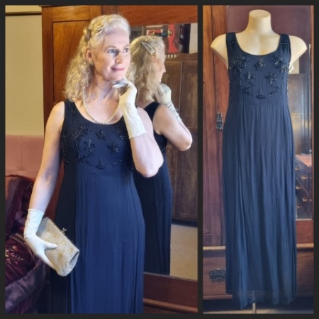 1970's, Black Evening Midi Dress, Silk/cotton, size 12