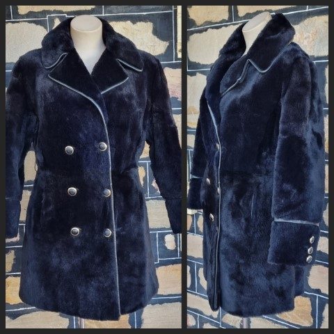 1970's Faux Fur, Leather Trim 3/4 length coat, Black, size 12