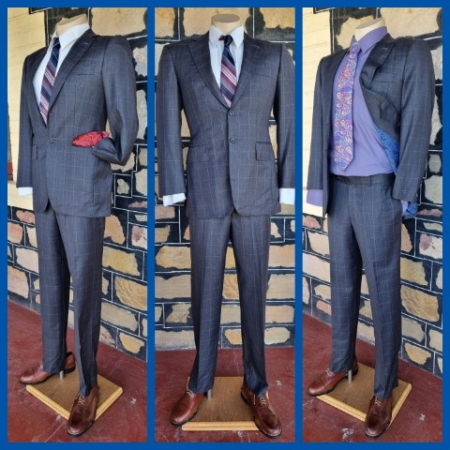 Single Breasted 2pc Suit, Charcoal/ lavender checked, by 'Holland & Sherry, Saville Row', size S