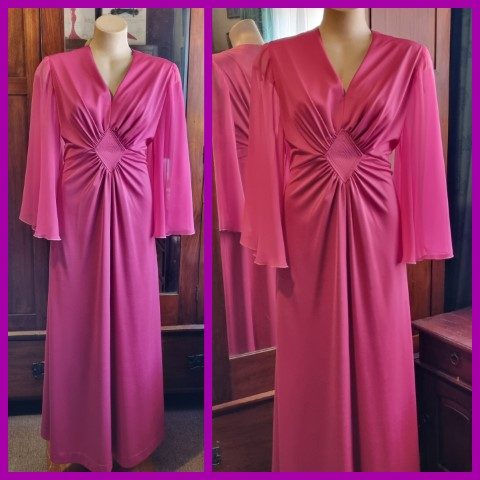 1970's, Chiffon Bell Sleeved Gown, polyester, pink, by 'Silver Star, Sydney' size 14