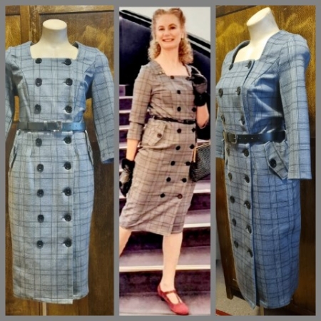 1940's Inspired Pencil dress, Grey checked, by 'Sheen of London', polyester, size M