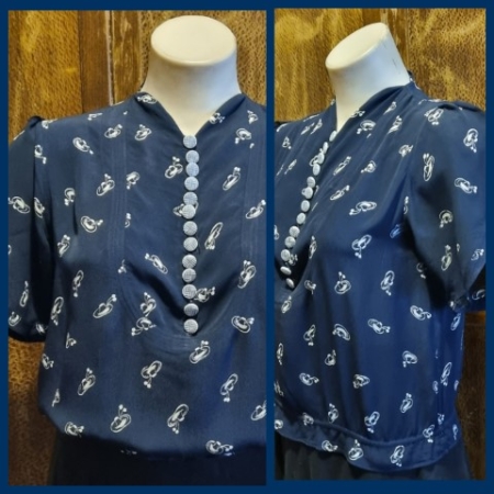 1930's, Original Blouse, navy print, by 'Hicks Atkinson of Melbourne', rayon, size S