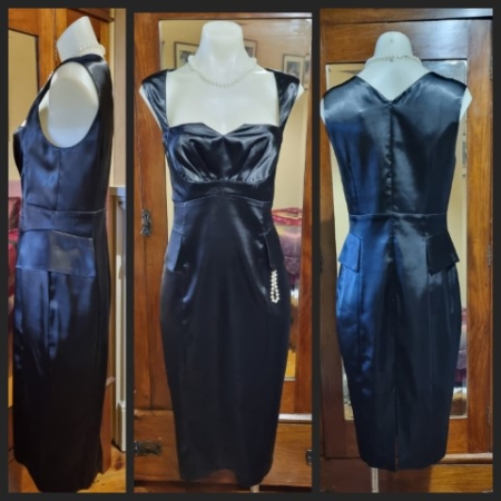 1980's Evening Dress, Black Satin Polyester, by 'Razak', size 10-12