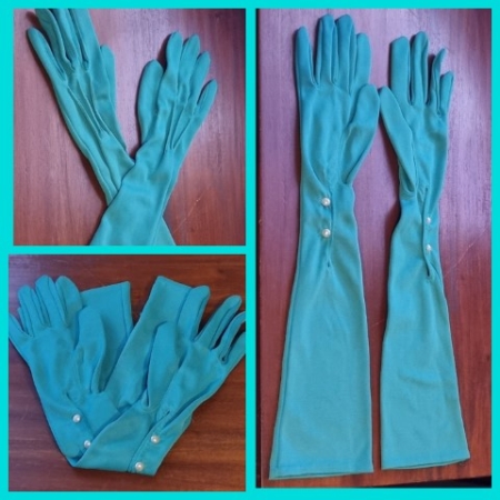 Vintage Glove, elbow length, Green, nylon, by 'Simplex', size 7
