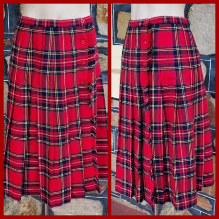 1960's, Tartan Wool Kilt, red, handmade, size S