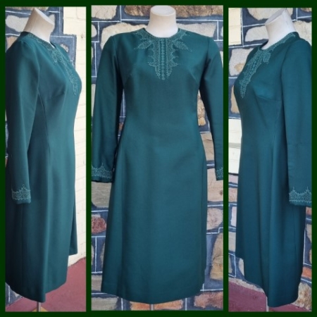 1970's Long Sleeved Day Dress, bottle green, rayon, by 'En-Ka of Sydney', size 12