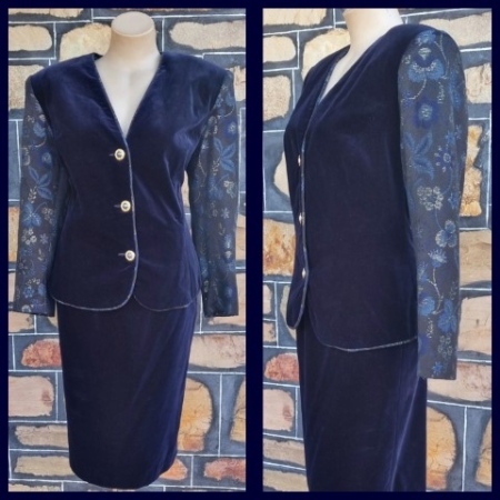 1980's Velvet Skirt Suit, Navy, by 'Perri Cutten, Australia', cotton size M.