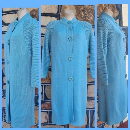 1960's Knitted Coat, pale blue, Acrylic, Hand Made, size M