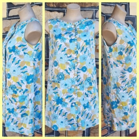 1960's Shift Dress, Cotton, Blue Floral Print, Handmade, size 12