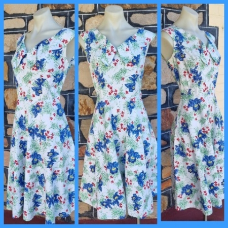 1940's Day Dress, handmade, white floral print, cotton, size S