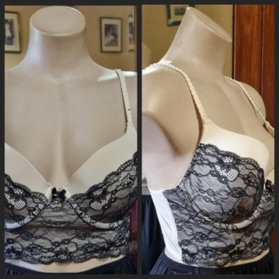 Bustier top, Cream/black lace, nylon, size 14C.