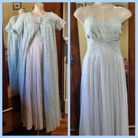 1960's, Negligee Set, Powder Blue, nylon & lace, size 10