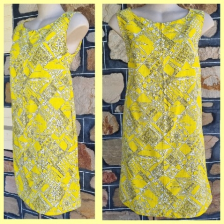 1960's, Shift Dress, Yellow Print, Cotton, by 'Miss Nuality', size 12