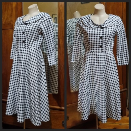 1950's Inspired Swing Dress, 3/4 sleeves, Black/white Checked, size S