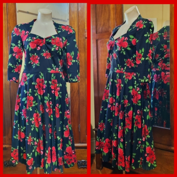 1950's Inspired Swing Dress, Sweetheart neckline, Black Roses, by 'Hell Bunny', size M