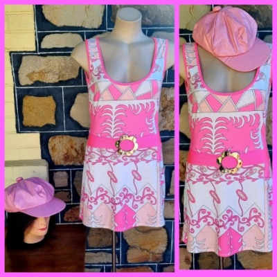 1960's Inspired 'GoGo' dress, Pink print & baker boy hat, by 'Leg Avenue', size S