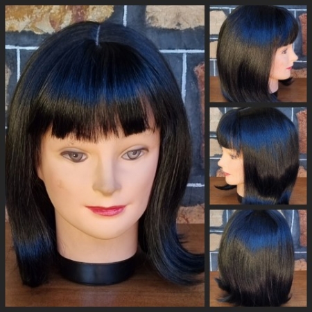 Wig, Shoulder length black with fringe, synthetic, 'New', by 'Fun Wigs'